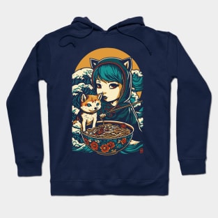 Girl with a Shiba Inu dog friend eats and loves ramen Hoodie